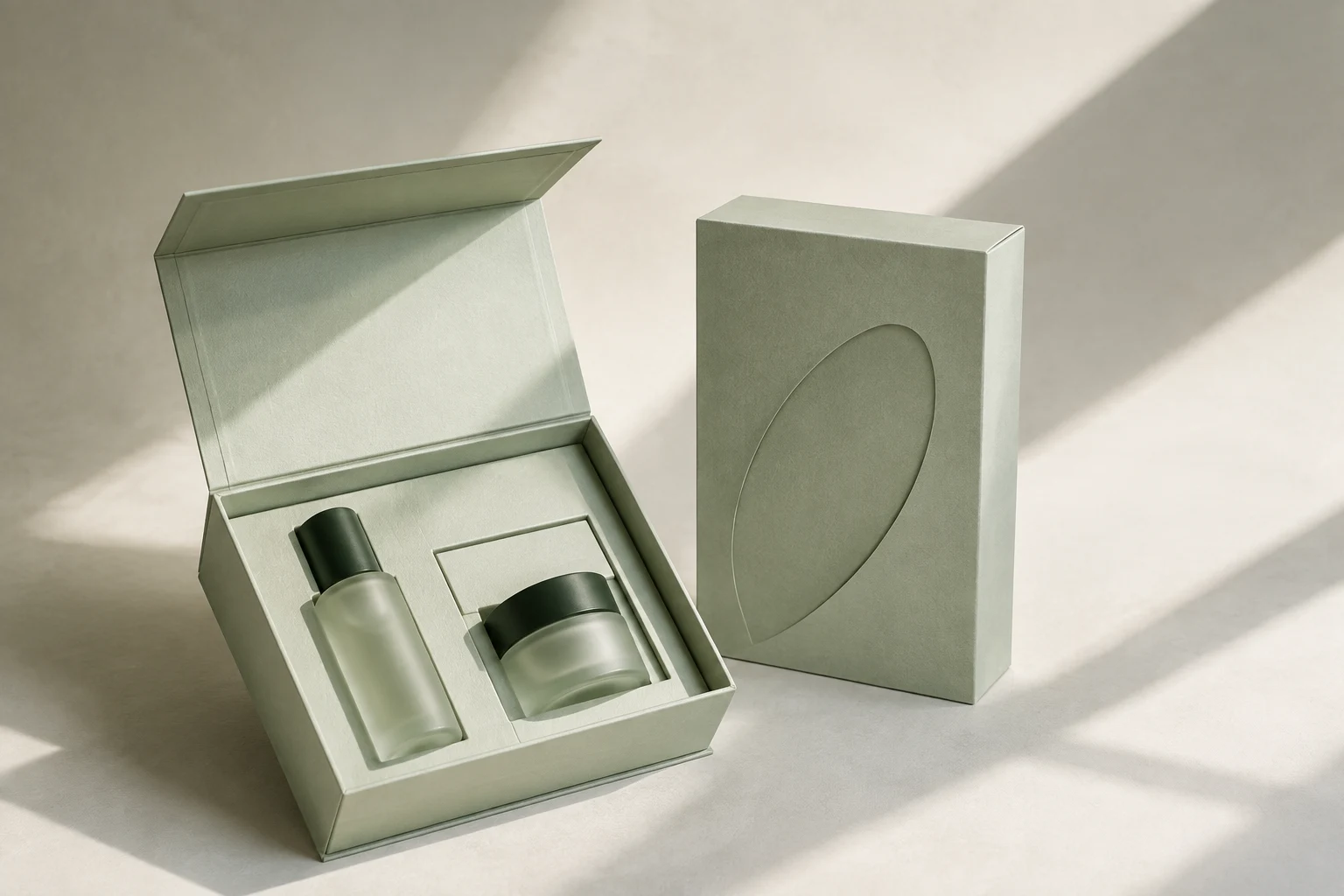 Essential study: celadon presentation box with bottle, jar and matching carton