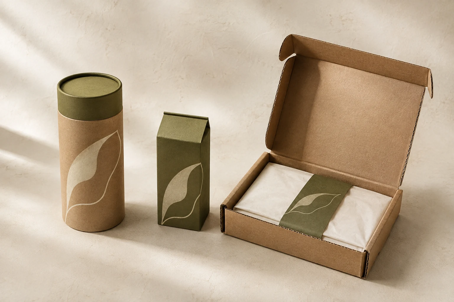 Natural study: tube, carton and ecommerce packaging coordinated in kraft and olive